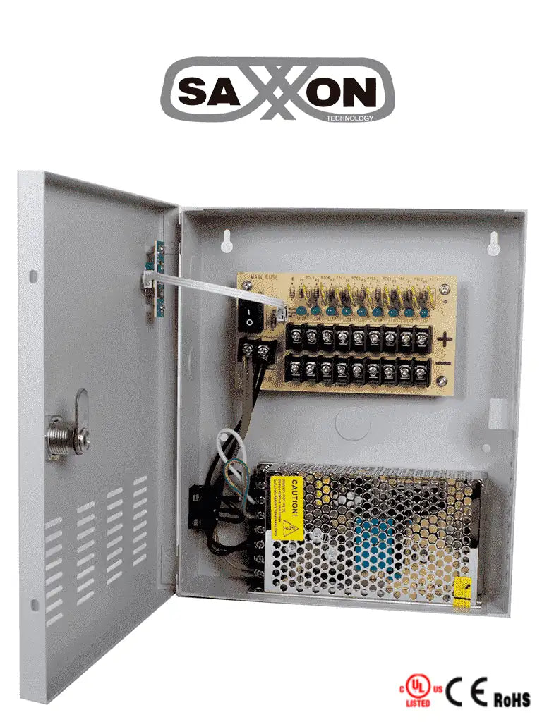 SAXXON PSU1210D9 - Fuente de Poder de 12 vcd/ 10 Amperes/ Para 9 Camaras/ 1.1 Amper por Canal/ Protección contra Sobrecargas/ Certificación UL/ SAXXON PSU1210D9 - Fuente de Poder de 12 vcd/ 10 Amperes/ Para 9 Camaras/ 1.1 Amper por Canal/ Protección contra Sobrecargas/ Certificación UL/